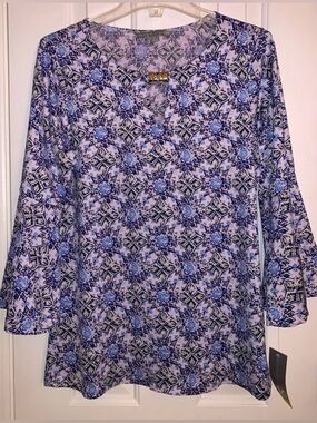 Valerie Stevens Blue and White Geometric Tunic with Bell Sleeves, NEW